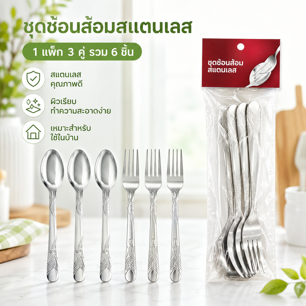 ช้อนส้อมสแตนเลส 1 แพ็ค 6 ชิ้น (3 คู่) 1 โหล 12 แพ็ค ส่งยกโหล ราคาส่ง