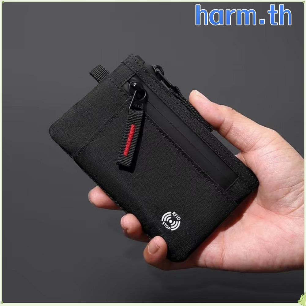 HARM กระเป๋าสตางค์ผู้ชาย RFID Slim มีสายคล้องพกพาและแยกส่วนสำหรับเก็บเหรียญ