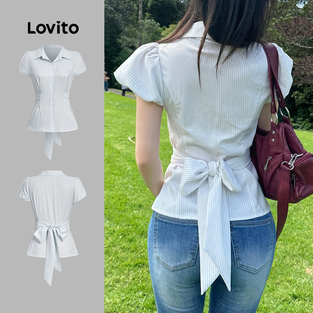 Lovito เสื้อลำลองผู้หญิง ผูกโบว์ ผูกเชือก สำหรับฤดูใบไม้ผลิ/ฤดูร้อน L179AD118