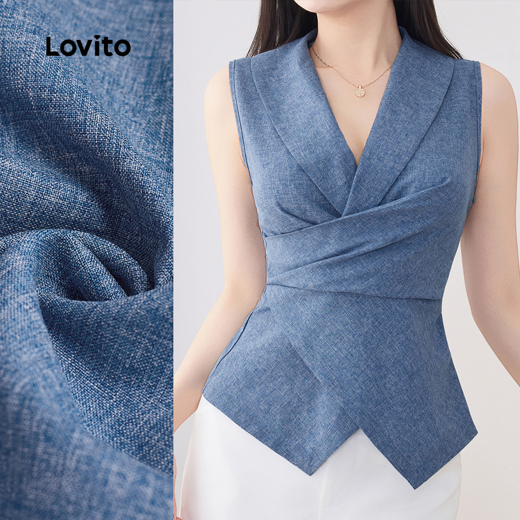 Lovito เสื้อกล้ามลําลองจับจีบไม่สมมาตรฤดูใบไม้ผลิ/ฤดูร้อนเสื้อกล้ามสีน้ําเงินสําหรับผู้หญิง L135ED203
