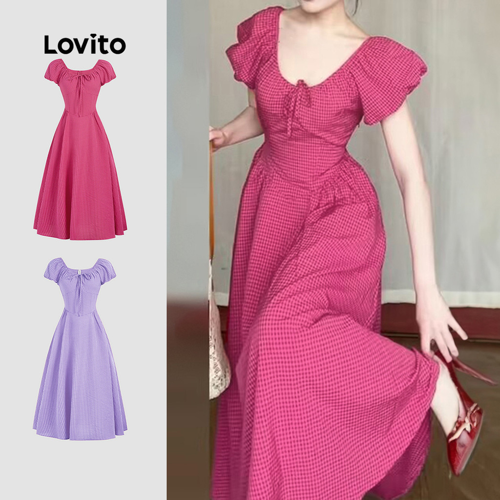Lovito ชุดเดรสสไตล์โบโฮสำหรับผู้หญิง ทรงหลวม แขนพอง ลายสก็อต แต่งลูกไม้ช่วงคอ เดรสฤดูร้อน/ฤดูใบไม้ผลิ L131LD1055