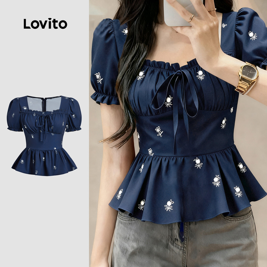 Lovito เสื้อลำลองพิมพ์ลายดอกไม้ผูกโบว์ สีน้ำเงินเข้ม สำหรับผู้หญิง เหมาะสำหรับฤดูใบไม้ผลิ/ฤดูร้อน LK2ED1665
