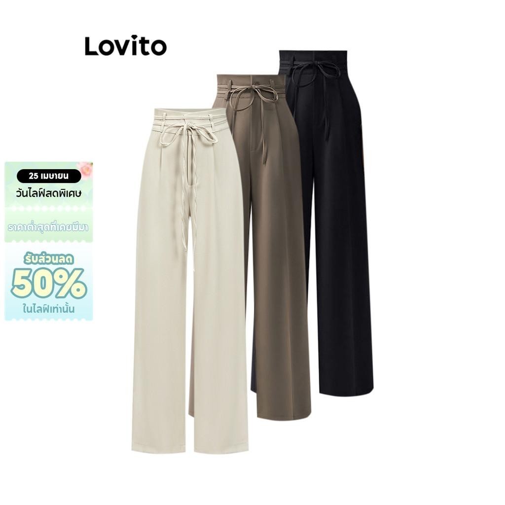 Lovito กางเกงหรูหรากางเกงผูกเชือกธรรมดาสําหรับผู้หญิง LNE31118 (สีน้ําตาล/ดํา)