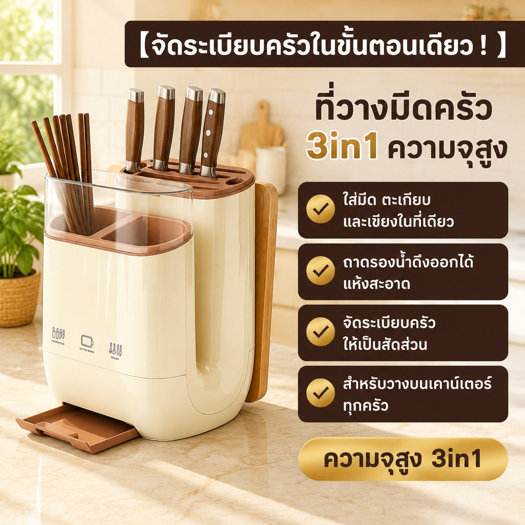 ที่วางมีดครัว 3in1 พร้อมที่ใส่ตะเกียบและเขียง ชั้นวางของในครัวอเนกประสงค์