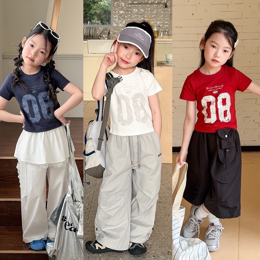 PRETTY BABY เสื้อยืดเด็ก เสื้อยืดคอกลม สกรีนเลข 08 แฟชั่นเด็ก(2252)