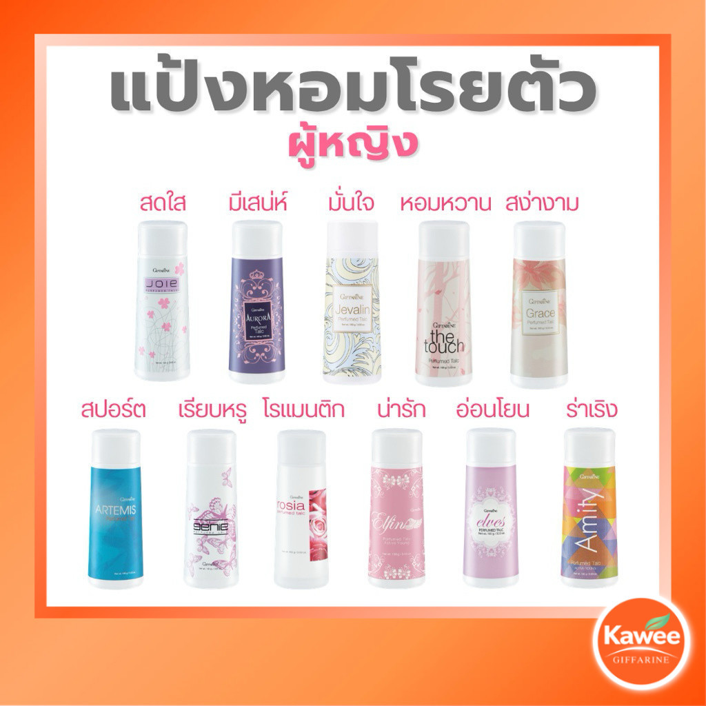กิฟฟารีน แป้งหอมโรยตัว แป้งฝุ่นหอม กลิ่นสดชื่น หอมติดผิวทุกวัน เจวาลิน ยัวว์ ออโรร่า เดอะทัช เกรซ อาร์ธิมิส เจนี่ โรเซีย