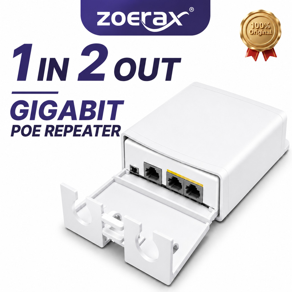 ZoeRax Gigabit ตัวแยก PoE Repeater 1 เข้า 2 ออก IP66 กันน้ำ, สำหรับ PoE Extender 250m, VLAN IEEE 802.3af/at, สำหรับกล้อง IP, กล้องวงจรปิด, NVR