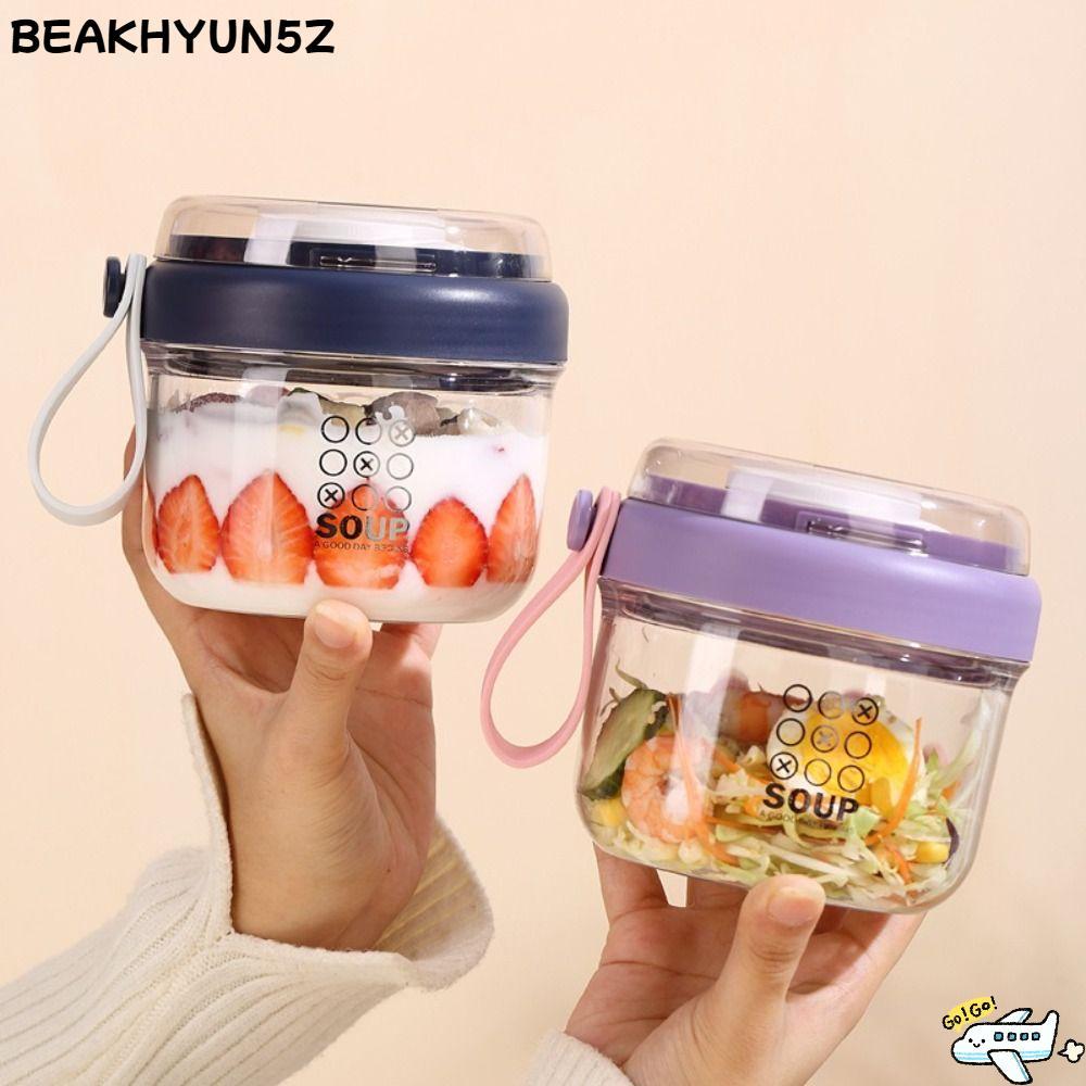 BEAKHYUN5Z ถ้วยอาหารเช้า, ชามโยเกิร์ตแบบใช้มือถือ 650 มล., ซีลป้องกันการรั่วแบบพกพาพร้อมช้อนสลัดถ้วยสําหรับข้าวโอ๊ตธัญพืชถั่วโยเกิร์ต