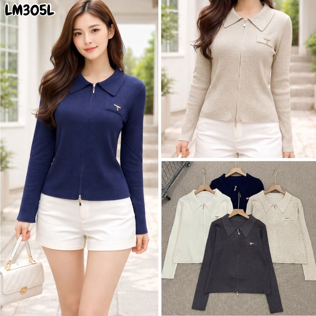 HAPPY SHOP - Womens COLLAR CARDIGAN TOP LM305L 305L DOUBLE ZIPPER PREMIUM KNIT, MODERN, FASHIONABLE