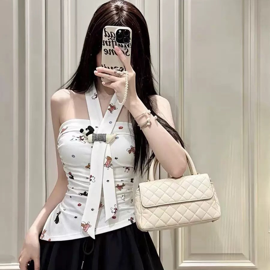 3034#夏季新款纯欲风小狗印花拼接围脖抹胸背心女修身一体式胸垫