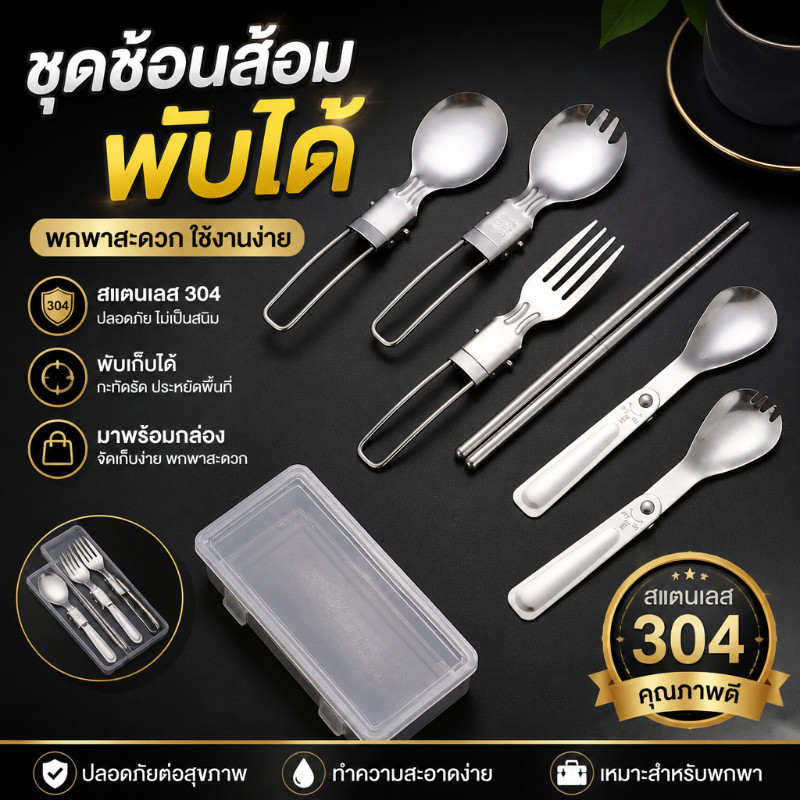 COD ชุดช้อนส้อมมีด พับได้ สแตนเลส304 เกรดอาหาร พกพา นักเรียน ออฟฟิศ ปิกนิก