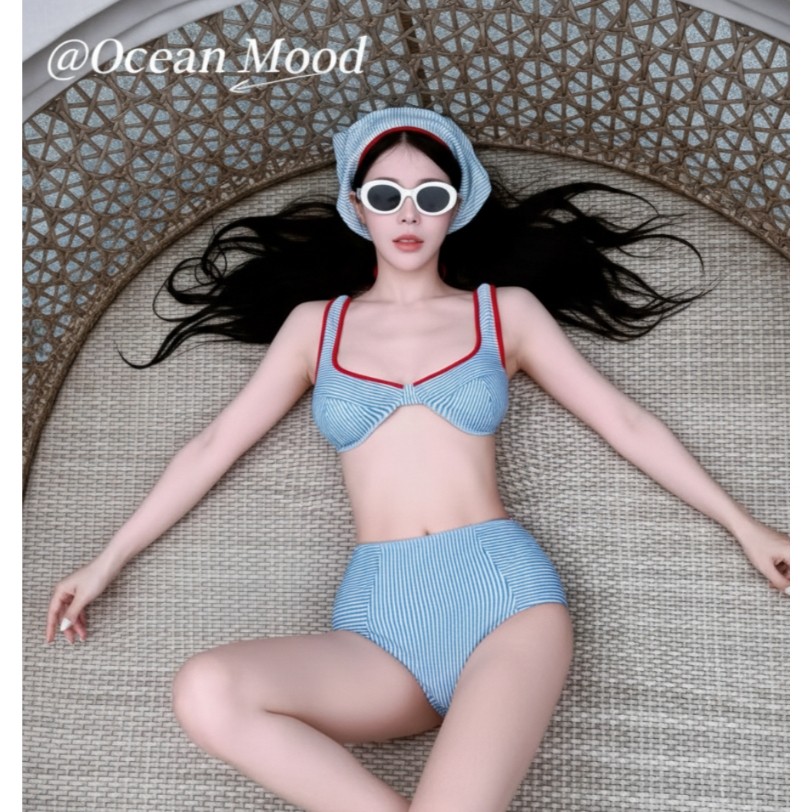 💙บิกินี่เซ็ต 3 ชิ้น เสื้อบิกินี่มีโครง แถมหมวกสุด แฟชั่นชุดว่ายน้ำสไตล์วินเทจ ชุดไปทะเล | Ocean Mood
