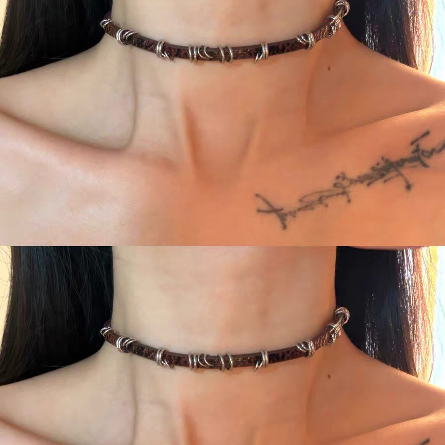 Millennium Hot Girl Cracked Leather choker Collar Female Brown Asian Culture Punk Metal Ring Clavicl
