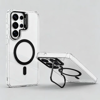 เคสป้องกันอะคริลิคใสแม่เหล็กเหมาะสําหรับ Samsung Galaxy S26 25 S24 S23 S22 Ultra Plus ชาร์จไร้สายที่เข้ากันได้, เคสป้องกันกันกระแทกพร้อมวงเล็บ