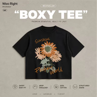 COD จัดส่งตลอด 24 ชั่วโมง Woo Right Boxy crop tee เสื้อยืดครอป Boxy Cropped T-Shirt ผู้ชาย ลาย SUNS
