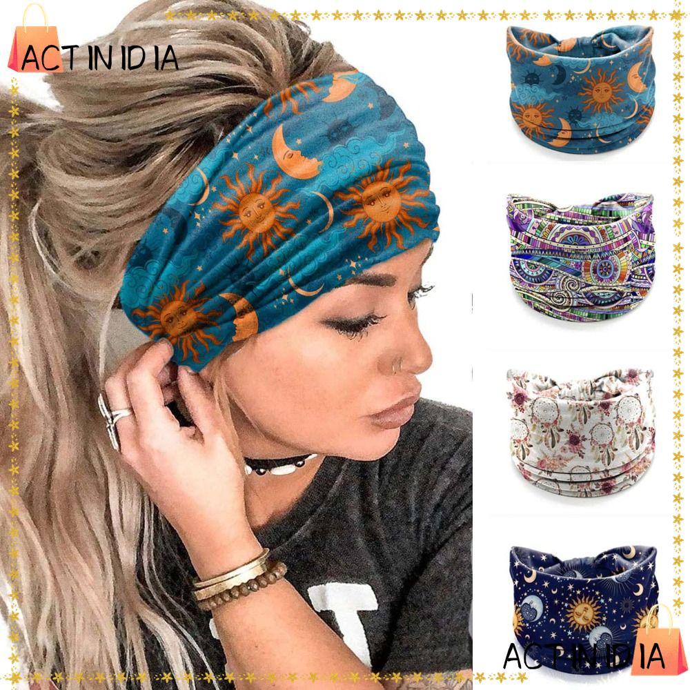 ACTINIDIA ที่คาดผมกว้าง, Boho Vintage Knot Turban,ดอกไม้พิมพ์ Star พิมพ์ปีกกว้างพิมพ์ Headscarf ผู้หญิง
