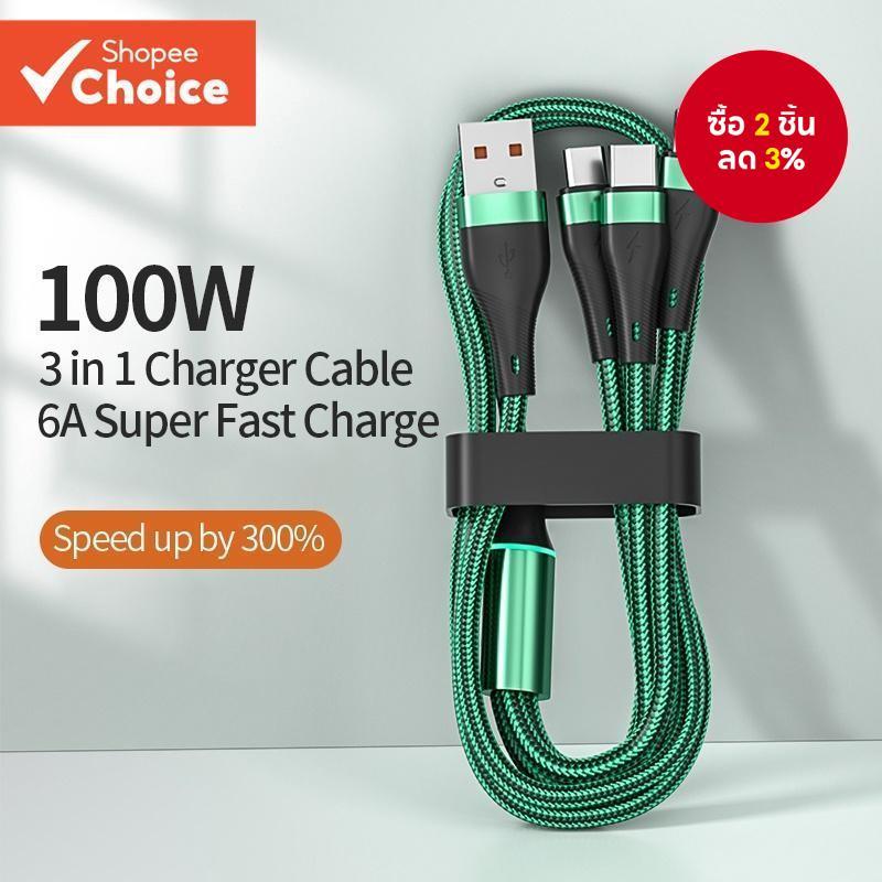 สายชาร์จ 100W Super Fast 6A 3 in 1 สายชาร์จ Micro Usb Type-C สําหรับ iP Cable