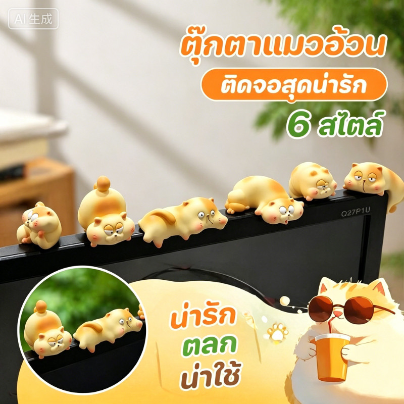 ตุ๊กตาแต่งจอคอม แมวอ้วน เรซิน 3D การ์ตูนน่ารัก ติดขอบจอ โน๊ตบุ๊ค ตั้งโต๊ะ ของขวัญ