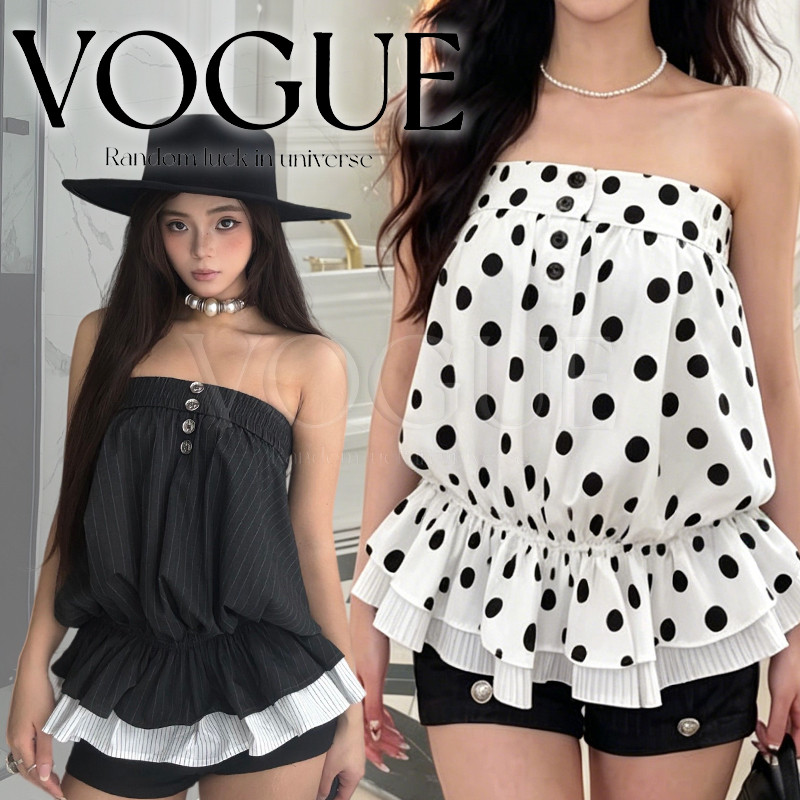 Vogue🌟พร้อมส่ง🌟 เสื้อเกาะอกลายจุด ดีไซน์เอวจั๊มปลายชั่นๆน่ารัก แต่งกระดุมสไตล์เกาหลี (11625)