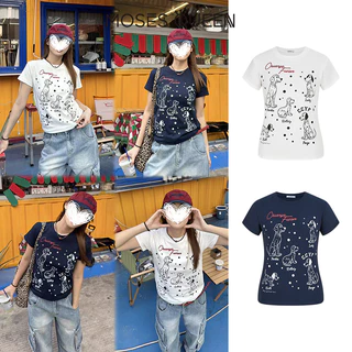 MOSESQUEEN เสื้อยืดแขนสั้นพิมพ์ลายสุนัขลายจุดดั้งเดิมอเมริกันสําหรับผู้หญิงฤดูร้อนเสื้อคอกลมสไตล์ใหม่ #63682