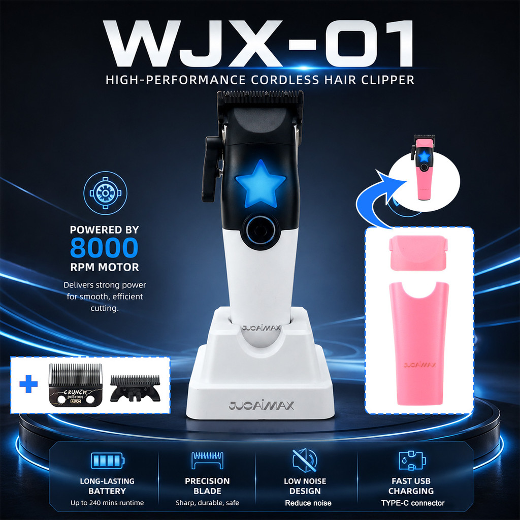 JUCAIMAX WJX-01 ปัตตาเลี่ยนผมผู้ชาย DLC ใบมีด 8000RPM มอเตอร์ไร้แปรงถ่านพร้อมที่ชาร์จฐานเครื่องตัดผมมืออาชีพเครื่องตัดขน