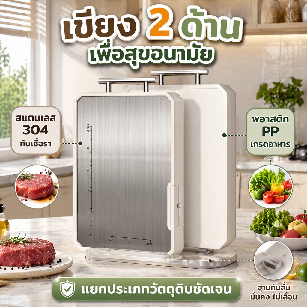 เขียงสแตนเลส304+PP เกรดอาหาร ใช้สองด้าน กันเชื้อรา รูปที่ 2