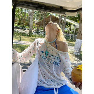 Vogue🌟พร้อมส่ง🌟 เสื้อแขนยาวโอเวอร์ไซส์ ลายจุดสีสันสดใส ผ้าซีทรูไหล่ตกใส่สบาย (FY2154)