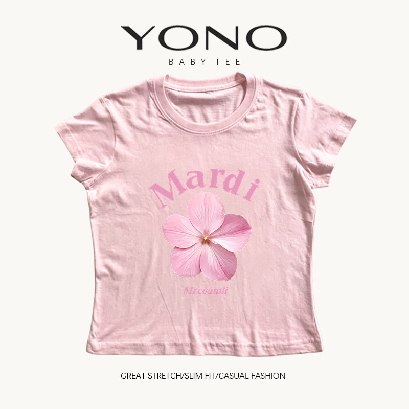 (พร้อมส่ง24ชม.) baby tee สีชมพู ลายดอกไม้กับตัวอักษร ฟีลเกาหลีหวานละมุน ทรงเข้ารูป ใส่ชิคทุกวัน