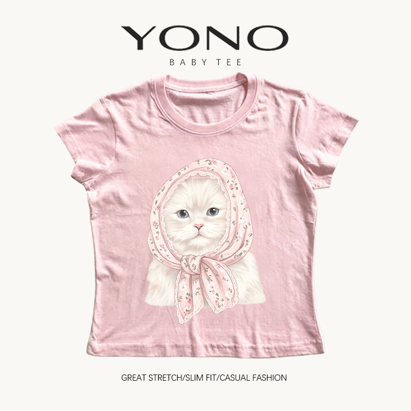 （พร้อมส่ง24ชม.）baby tee เสื้อยืดผู้หญิง สีชมพู ลายน้องแมวสุดละมุน สไตล์สาวหวาน y2k ทรงเข้ารูป ใส่แล้วดูน่ารัก