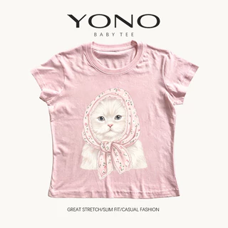 (พร้อมส่ง24ชม) YONO baby tee เสื้อยืดผู้หญิง ลายแมวน่ารัก ทรงเข้ารูป สไตล์เกาหลี y2k ใส่แล้วดูน่ารัก