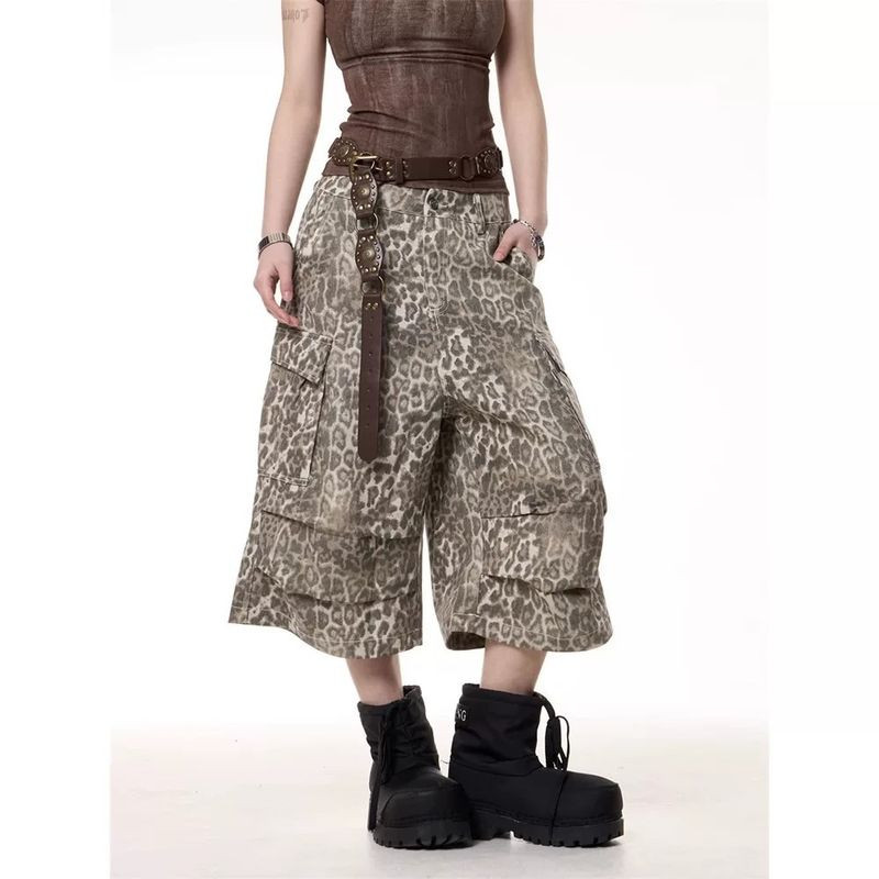 Baolongxin American Retro Distressed Leopard Print Cargo Shorts