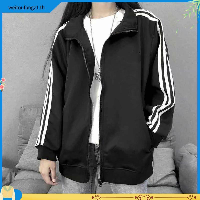 Onu เสื้อแจ็กเก็ตลําลอง แขนยาว คอปก มีซิป ลายทาง สําหรับผู้หญิง FEI