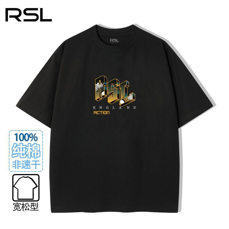 R RSL Yashilong เสื้อยืดแขนสั้นผ้าฝ้ายแท้หลวมสบายๆเสื้อแบดมินตันเสื้อวัฒนธรรม 3D ตัวอักษรรอบคอ All-M