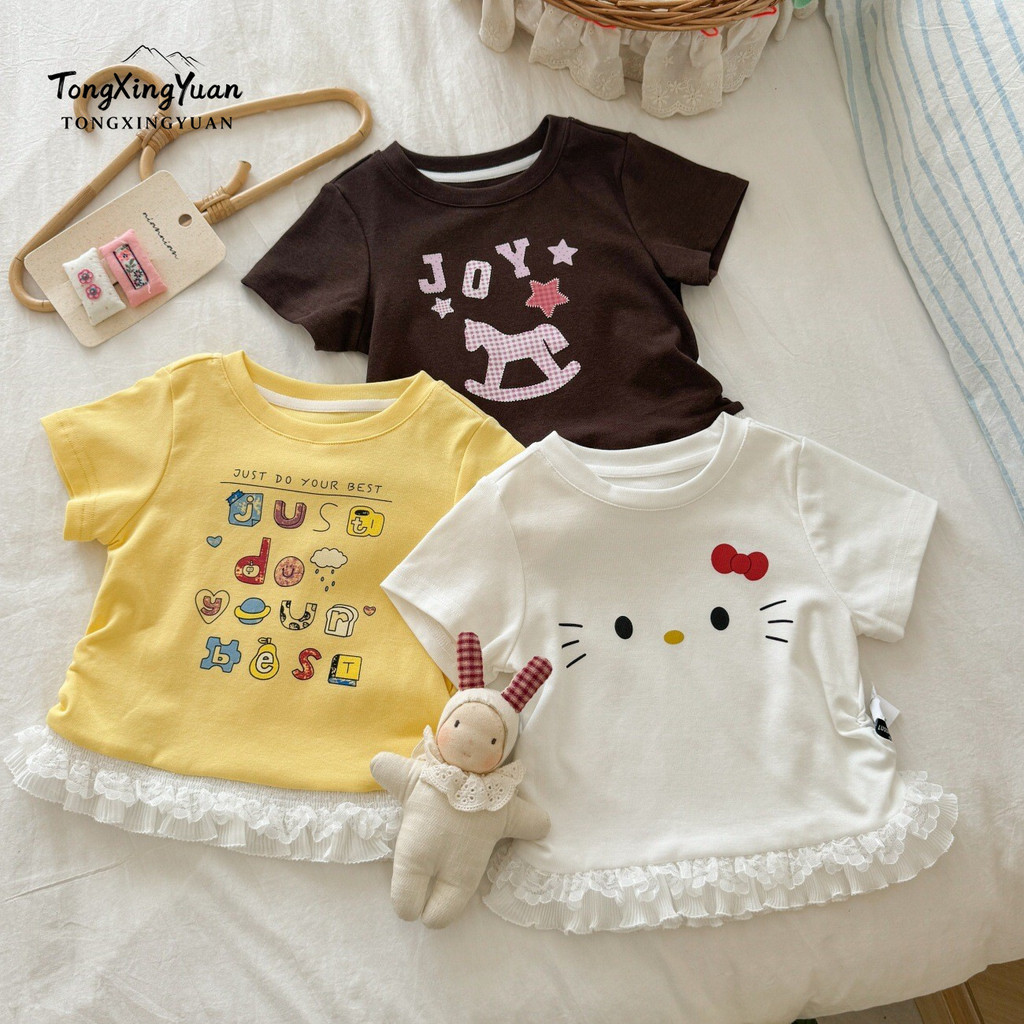 สาวฤดูร้อนลูกไม้แขนสั้นเสื้อยืดสไตล์ใหม่แฟชั่นการ์ตูนน่ารักน่ารักพิมพ์ครึ่งแขนเสื้อ