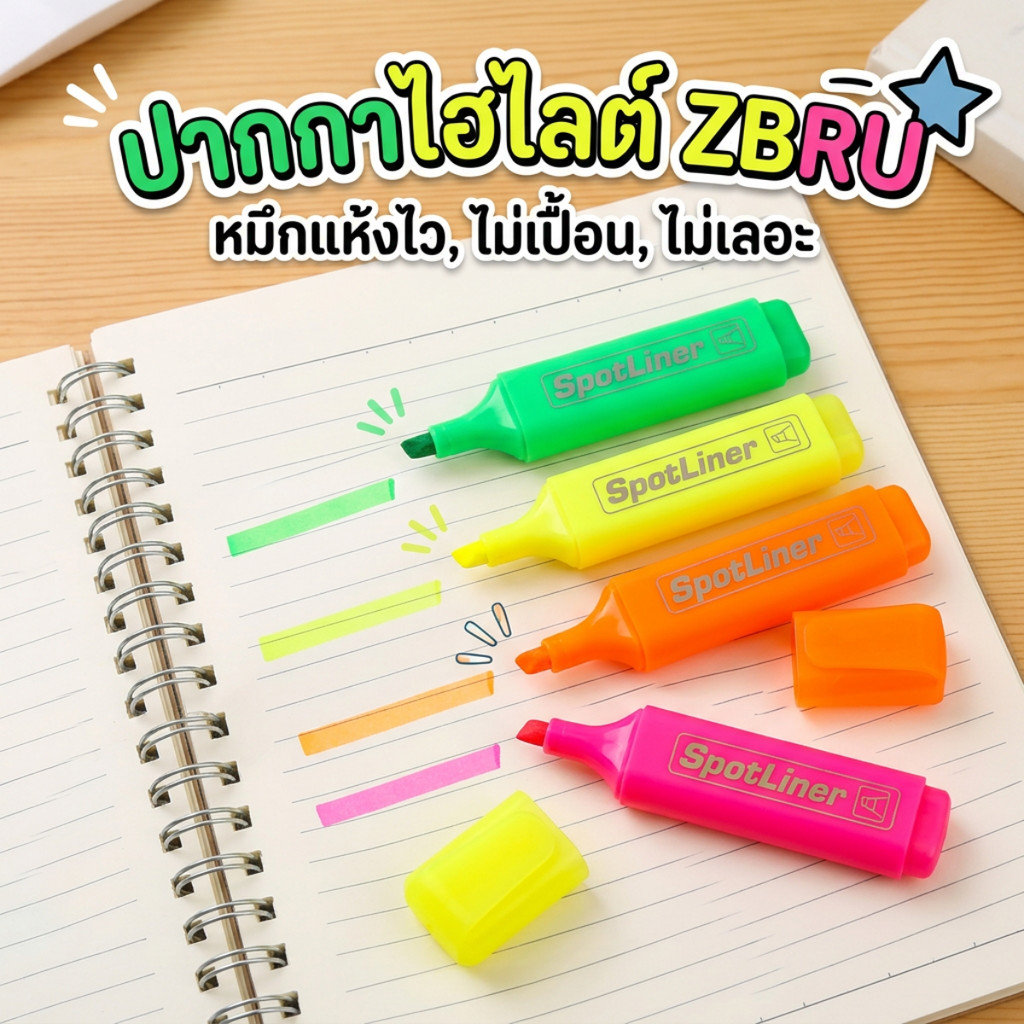 ปากกาไฮไลต์ ZBRU Spotliner แพ็ก 4 สีสะท้อนแสง สีสันสดใส เน้นคำชัดเจน