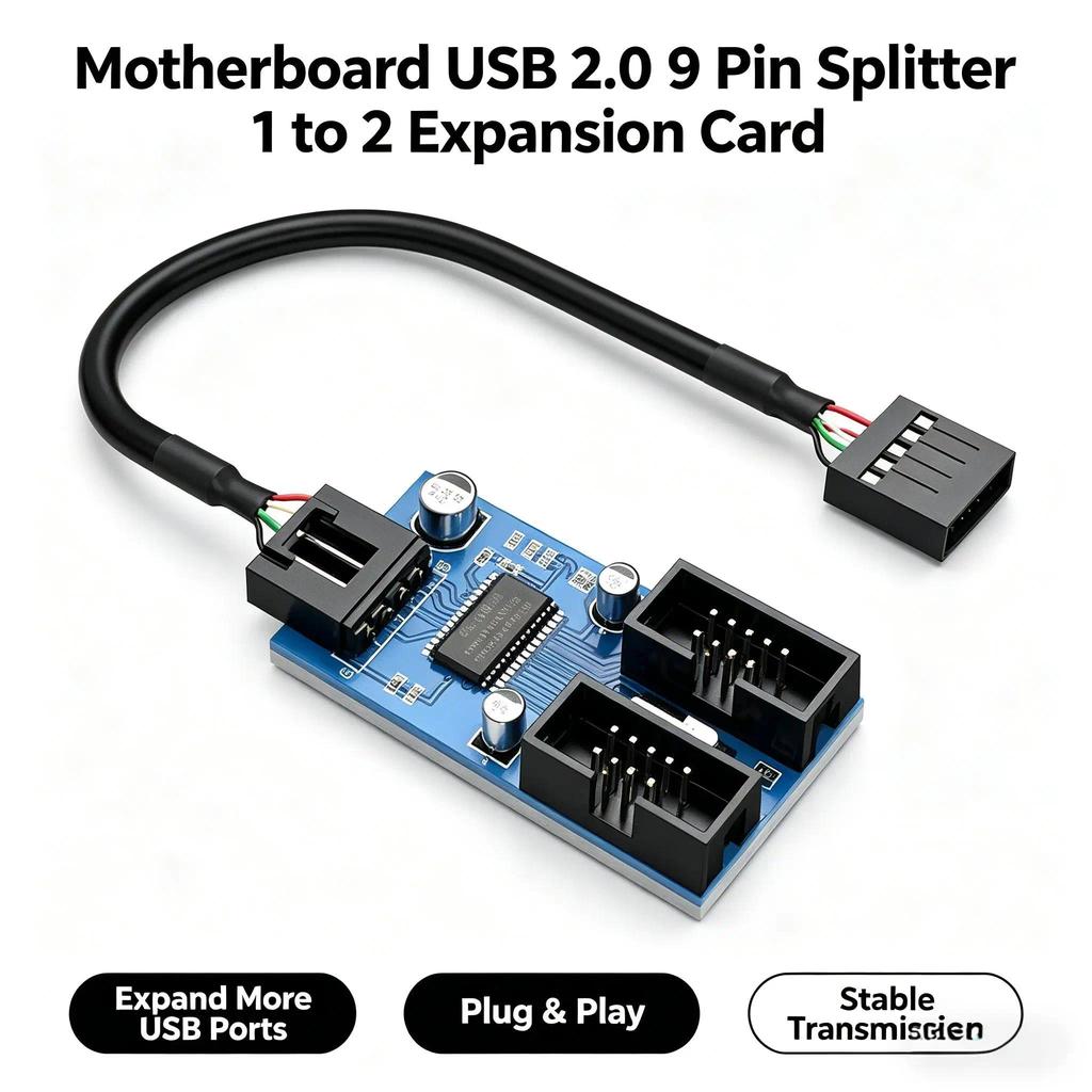 Motherboard USB 2.0 9-Pin Header to 2-Port Hub Splitter - 30CM Cable USB 9-Pin Internal Cable Adapte