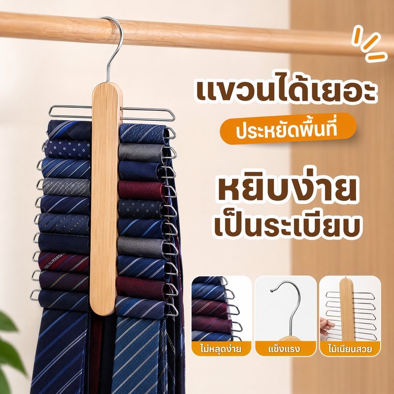 ไม้แขวนเนคไท ไม้แขวนผ้าพันคอ ไม้แขวนเข็มขัด 20 ช่อง ไม้บีช หมุนได้ กันลื่น ประหยัดพื้นที่