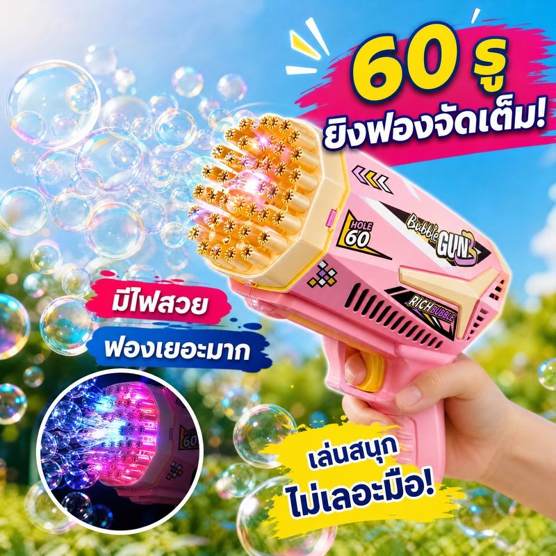 ปืนฟองสบู่ เครื่องเป่าฟองอัตโนมัติ 60 รู ของเล่นเด็ก มีไฟ ของเล่นกลางแจ้ง ของขวัญวันเกิด
