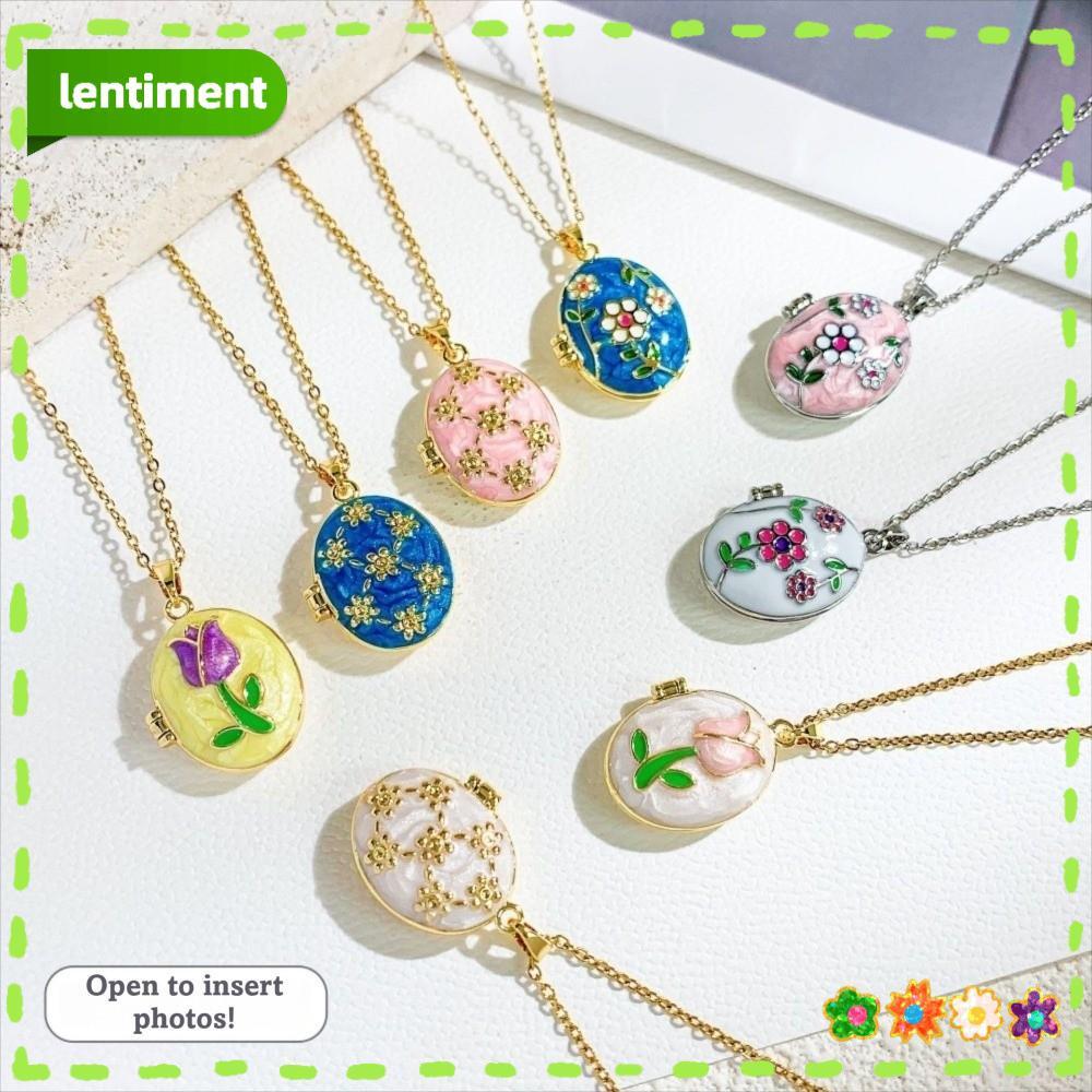 LENTIMENT Photo Locket Pendant Necklace, Titanium Steel Non-Fading Openable Photo Locket,Zircon Decorative Openable Frame Vintage Enamel Necklace For Women