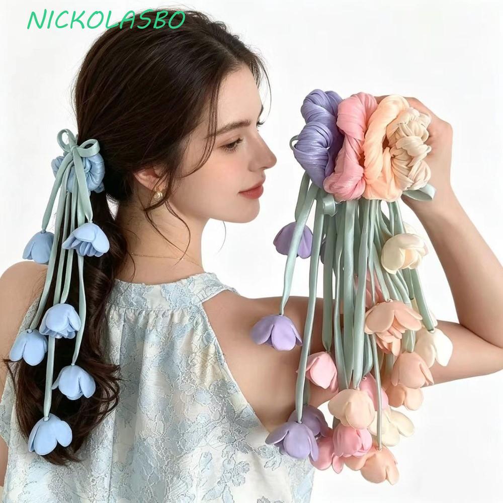 ยางมัดผมริบบิ้นดอกไม้ คอซาโซกิส สไตล์นางฟ้า พู่ทิวลิป กล้วยไม้ กระดิ่ง สีพาสเทล เชือกยืดหยุ่น น้ําหนักเบา สําหรับหางม้าทุกวัน