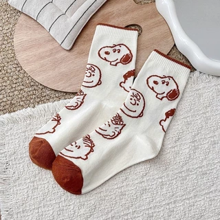 Puppy Creative Mid-Tube Socks Combed Cotton All-Match High-Top Womens Socks การ์ตูนน่ารักสบาย