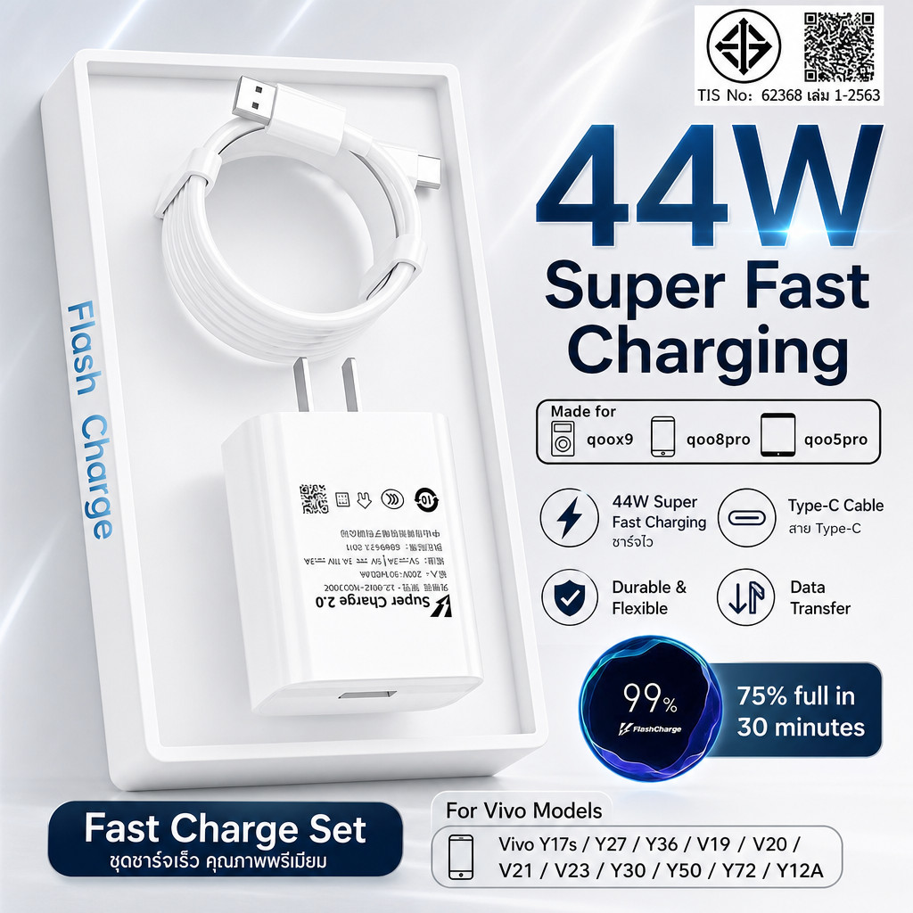 ชุดชาร์จเร็วสำหรับ Vivo 44W/33W อะแดปเตอร์+สายชาร์จข้อมูล Type-C 5A/6A PTE ทนทาน 1/1.5/2ม. Y17s Y27 