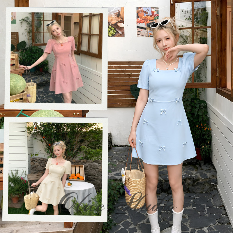 เดรส เดรสเกาหลีผู้หญิง แต่งโบว์น่ารัก เดรสลูกคุณหนู ทรงสวยพรางหุ่น ใส่ไปคาเฟ่ เดท เที่ยว เสื้อผ้าแฟชั่นผู้หญิง ใส่สบาย