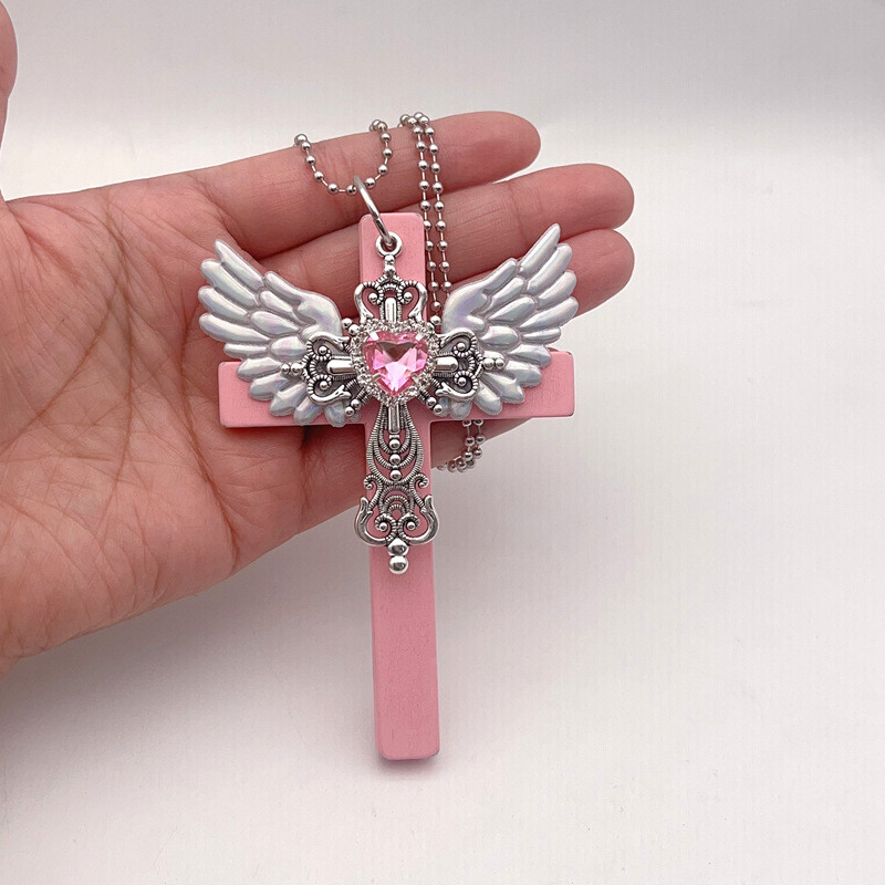 Gothic Rhinestone Heart Cross Wings จี้สร้อยคอผู้หญิง Y2k Subculture เครื่องประดับอุปกรณ์เสริม