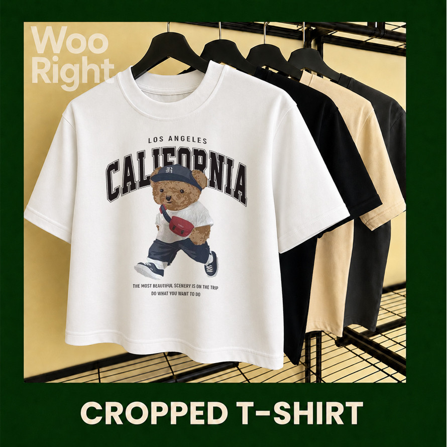 COD จัดส่งตลอด 24 ชั่วโมง Woo Right Boxy crop tee เสื้อแฟชั่น ฟอก Boxy Cropped T-Shirt ลายคลาสสิก ใส