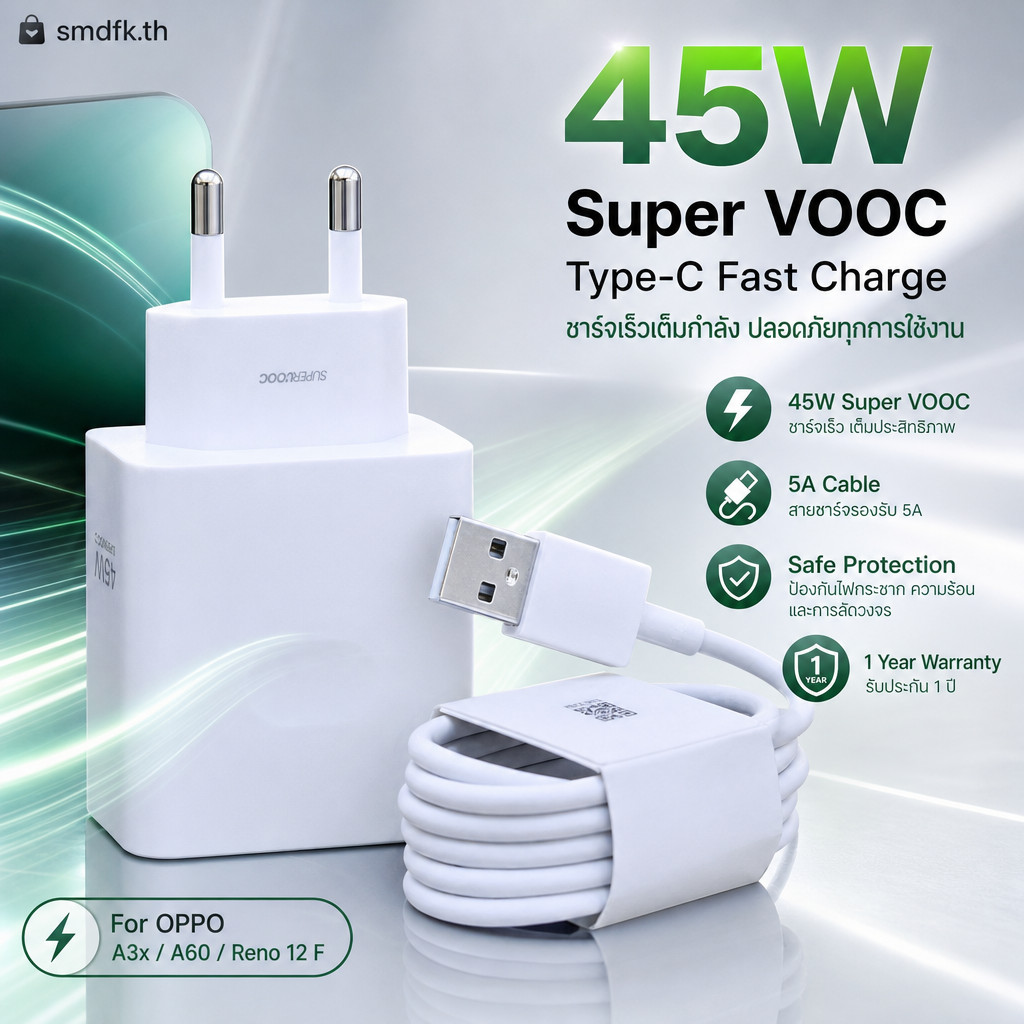 ชุดชาร์จ OPPO 45W Super VOOC 2.0 Type-C พร้อมสาย 5A 1/2ม. ชาร์จเร็ว สำหรับ A3x A60 Reno 12 F รับประกัน 1ปี