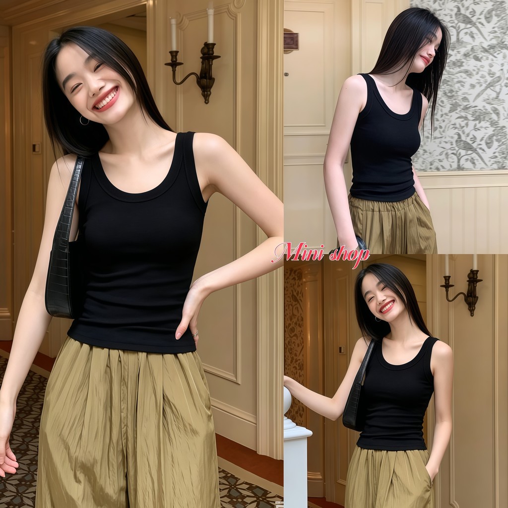 Mini shop🌸พร้อมส่ง เสื้อกล้าม สายเดี่ยว เก็บเอวให้เข้ารูป ผ้าใส่สบาย สีดำ รุ่นพื้นฐาน -FY6602
