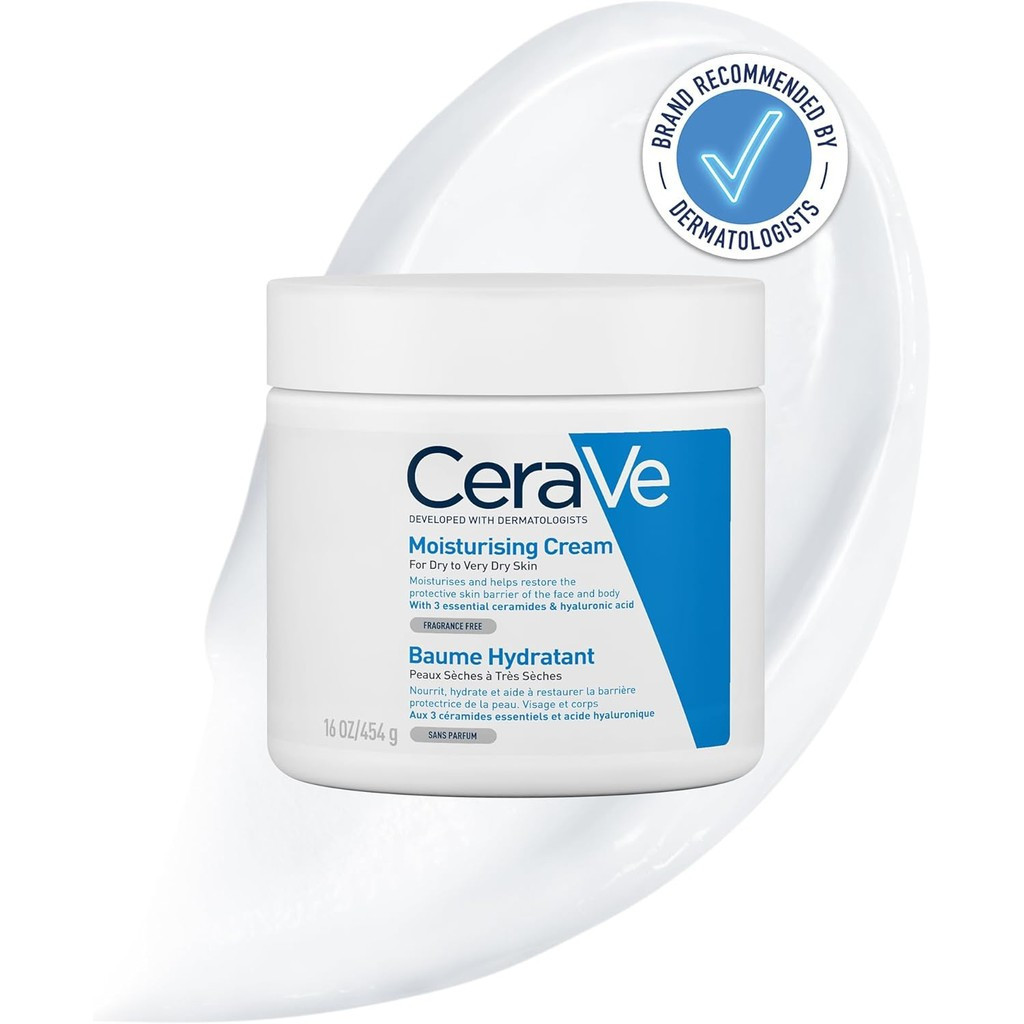CeraVe Moisturising Cream, Face & Body, พร้อมเซราไมด์ที่จําเป็น 3 ชิ้น & กรดไฮยาลูโรนิก สําหรับผิวแห