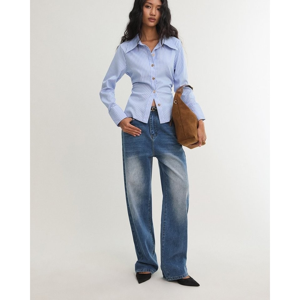 [Pomelo] เสื้อเชิ้ตแขนยาวลายทาง / Striped Button Down Shirt