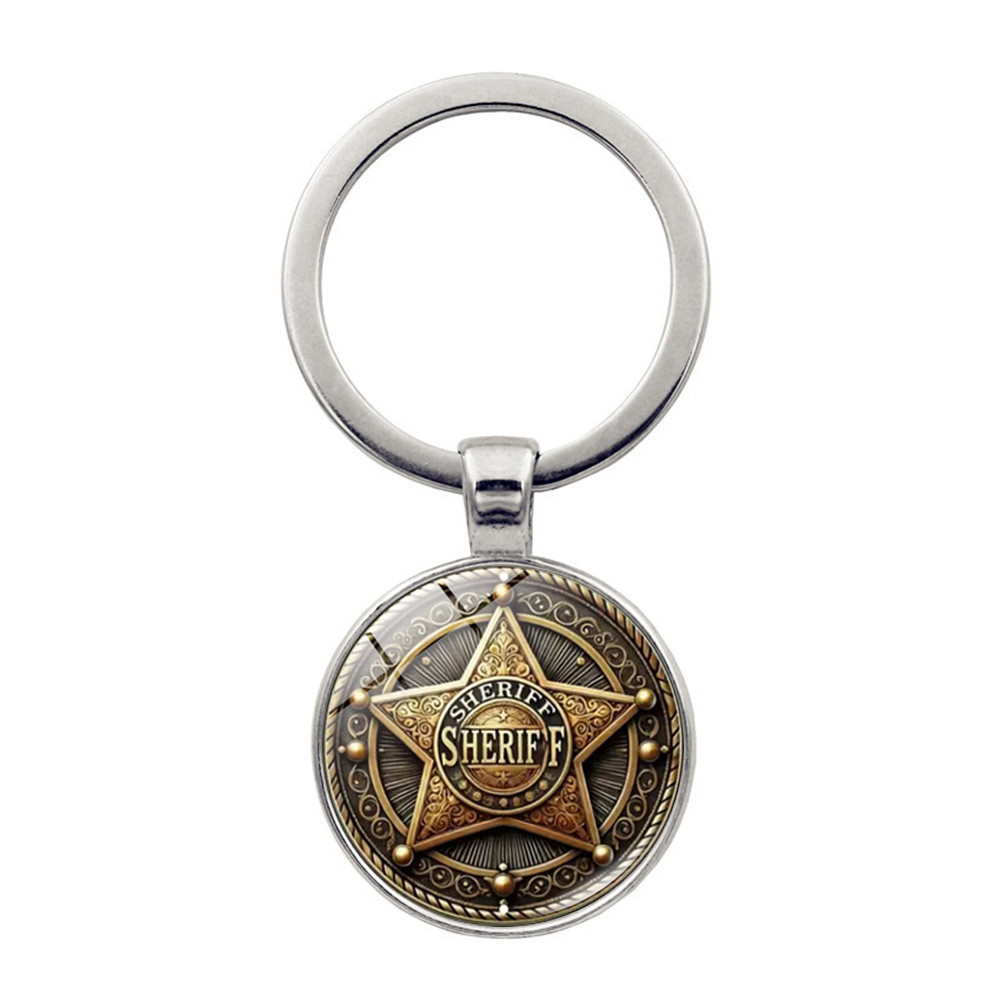 Retro Western นายอําเภอ Badge Time Gem พวงกุญแจ American Denim สไตล์รถกระเป๋า Key แหวนจี้ 6I8J